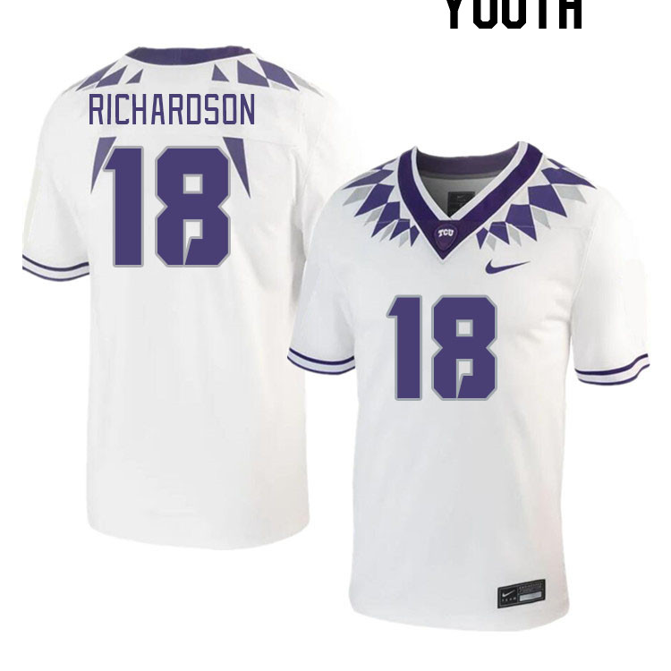 Youth #18 JP Richardson TCU Horned Frogs 2023 College Footbal Jerseys Stitched-White - Click Image to Close